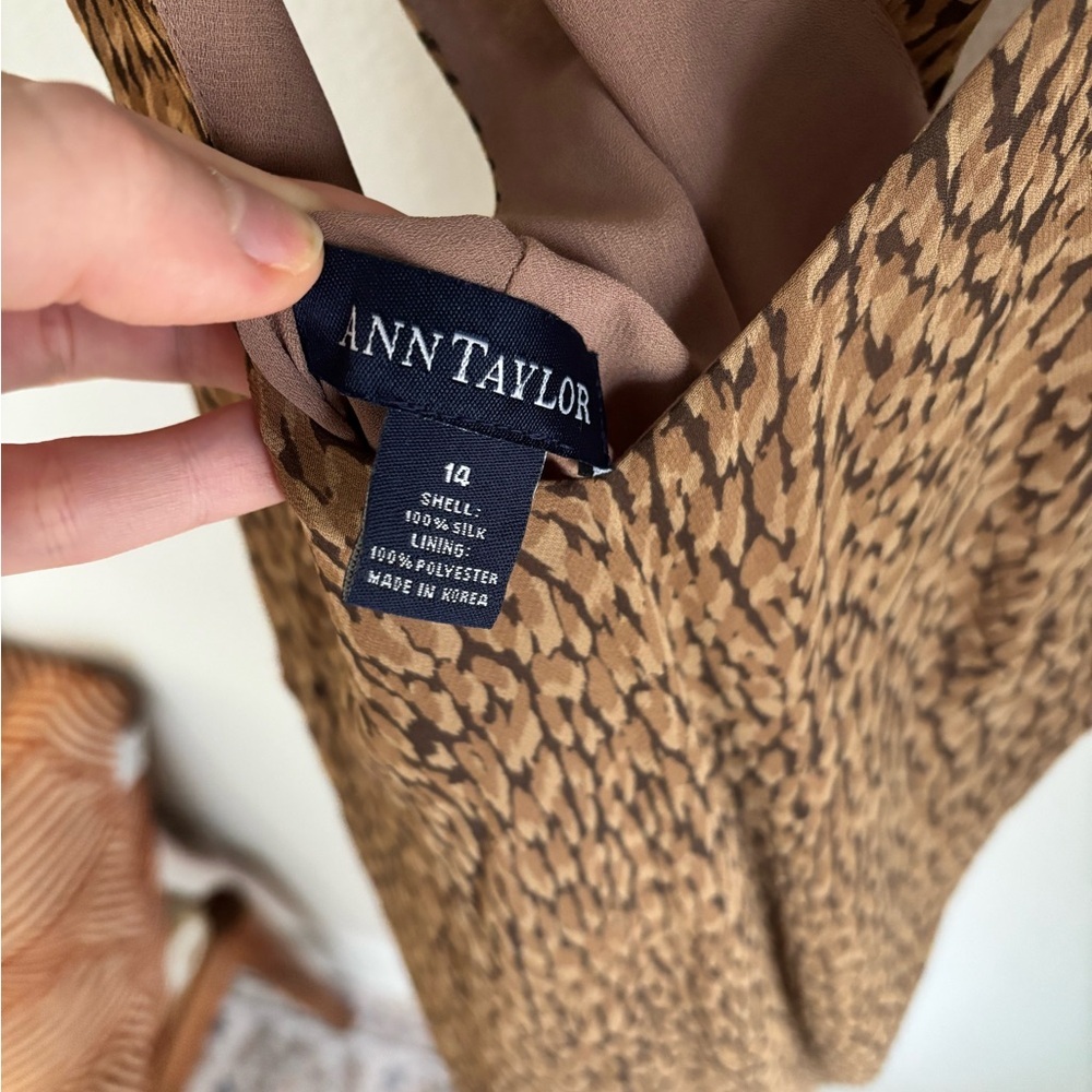 100% Silk Ann Taylor Brown Cheetah Patterned Dress size 14 with Crisscross back - Picture 10 of 13